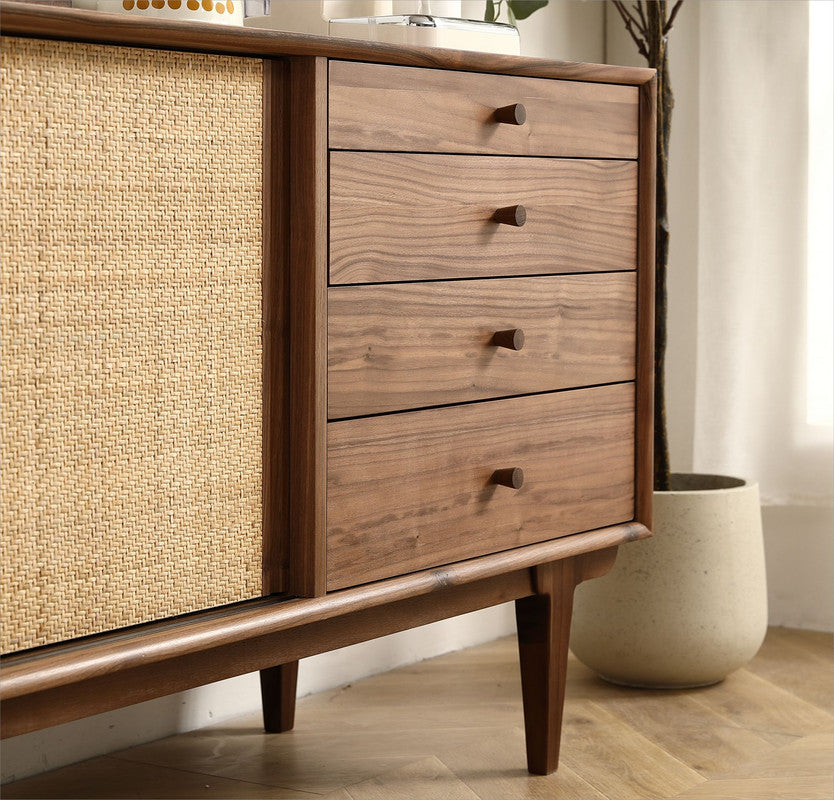 Yekupe 4 Drawers Cabinet with 2 Rattan Weaving Doors