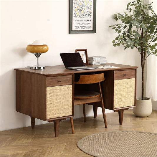 Yekupe Walnut Office Desk with Rattan Net